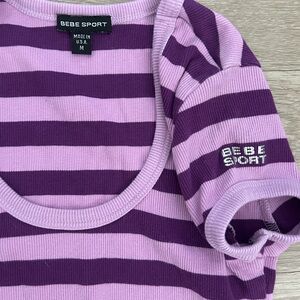 bebe Purple Short Sleeve Tee with Striped Design